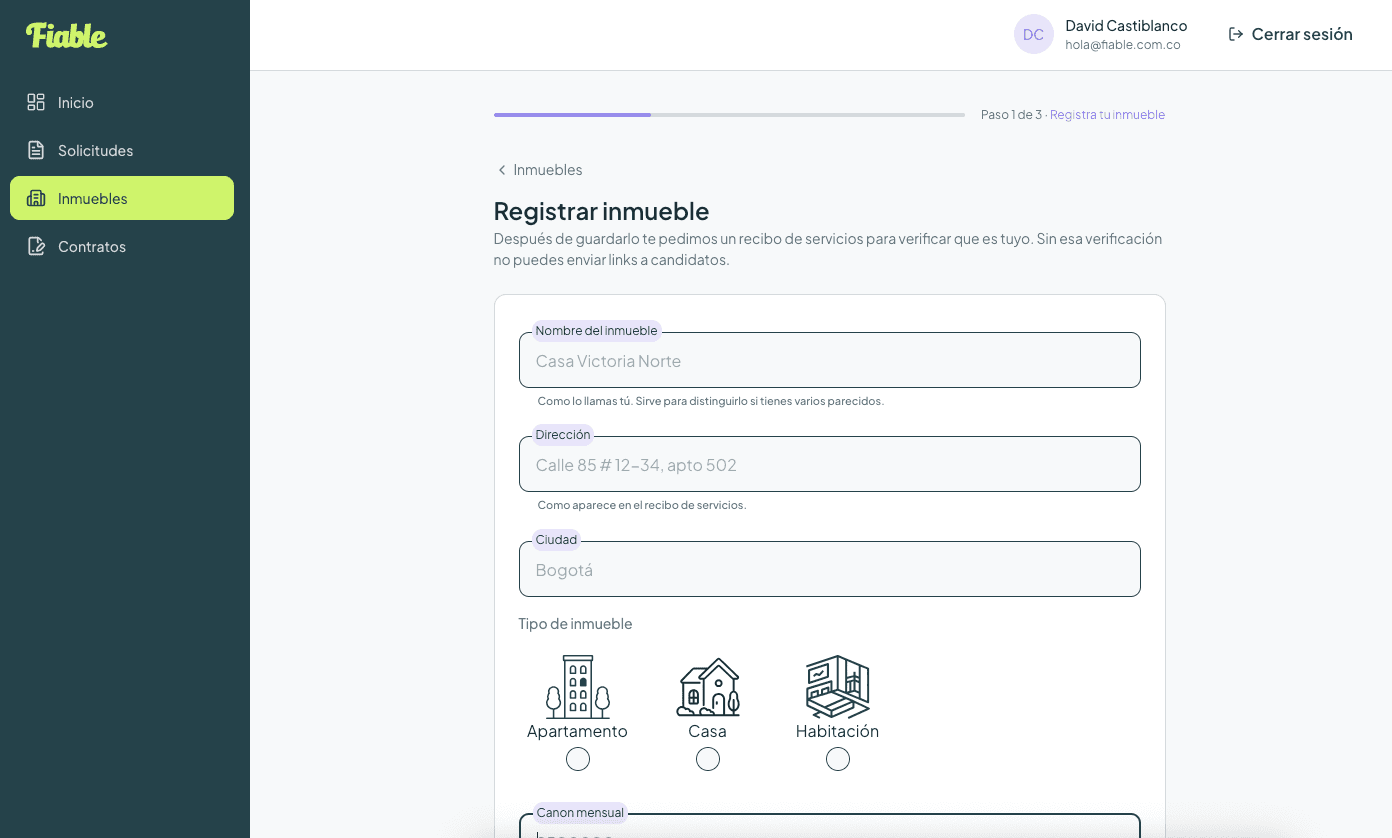 Formulario para registrar un inmueble en el panel de Fiable